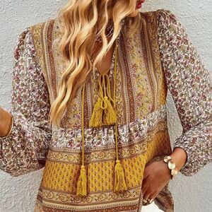 NEW! Cute Boho Long Sleeve Tassel Tie Tunic Top Hippie Festival Vacay Trendy